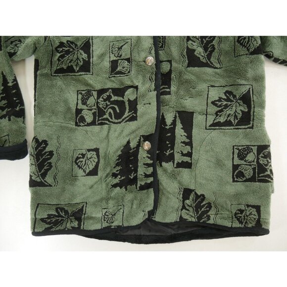 Nordic Lights Green Fleece Button Front Jacket Black Fall Print Womens M Medium - Picture 9 of 10